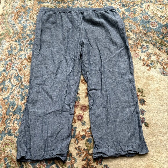 L.L. Bean 100% Linen Cropped Wide Leg Pants Sz 26W Pull On Chambray Blue Beachy - Picture 5 of 7